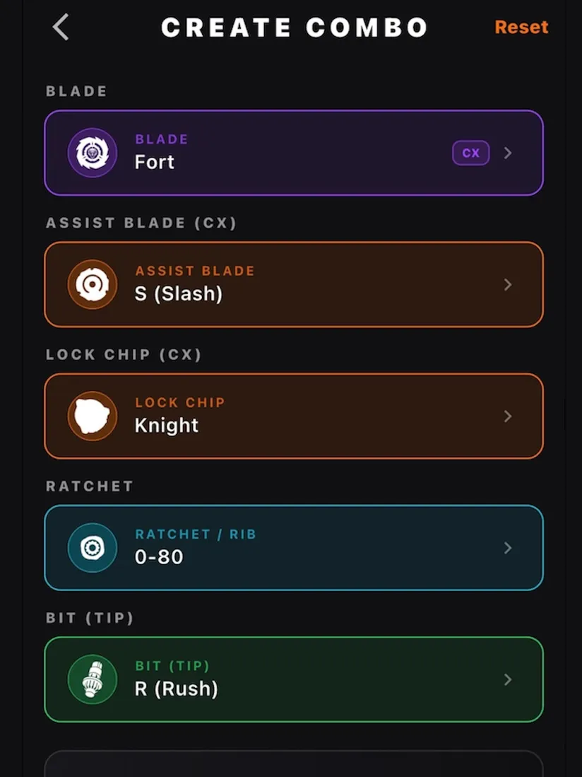 Create Combo: blade, assist blade, lock chip, ratchet and bit with total stats