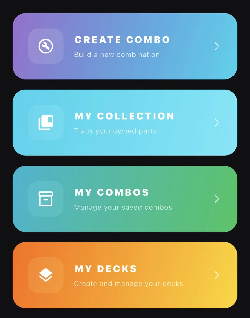 Deck Builder screen: create combo, my collection, my combos and my decks
