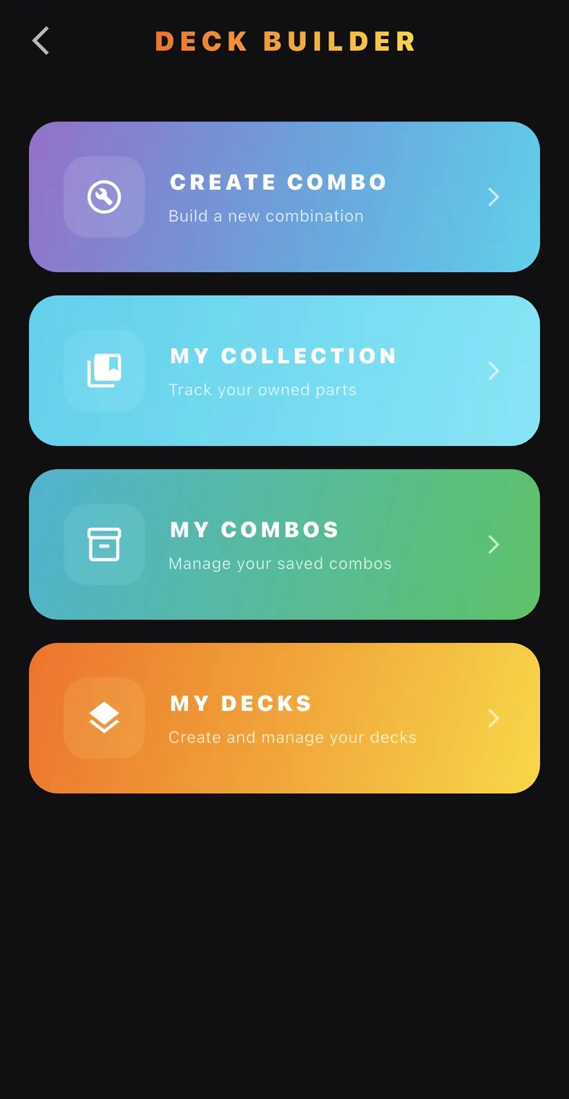 Deck Builder screen: create combo, my collection, my combos and my decks