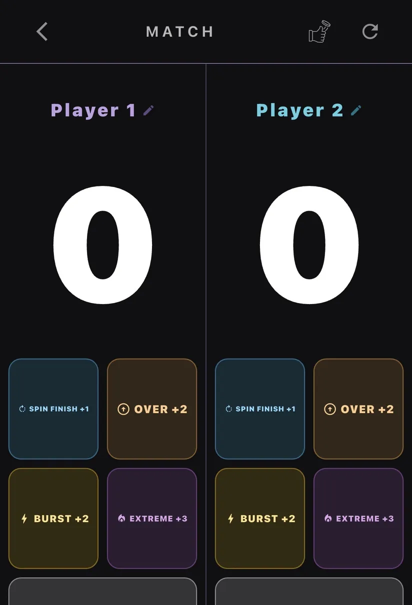 Referee Mode scoreboard with spin finish, over, burst and extreme buttons